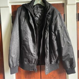 Guess Men’s Nylon Bomber Jacket with Removable Hoodie Insert Small Black
